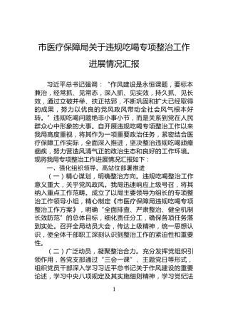 市医疗保障局关于违规吃喝专项整治工作进展情况汇报
