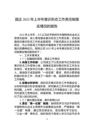 国企2025年上半年意识形态工作责任制落实情况的报告