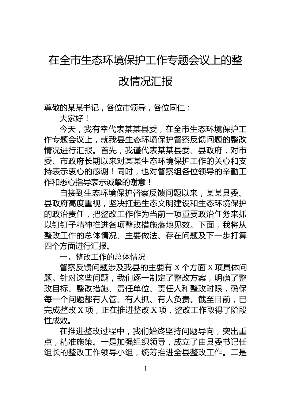 在全市生态环境保护工作专题会议上的整改情况汇报_第1页