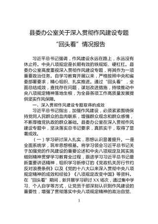 县委办公室关于深入贯彻作风建设专题“回头看”情况报告
