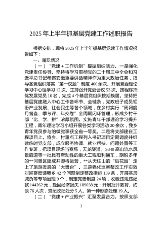 2025年上半年抓基层党建工作述职报告
