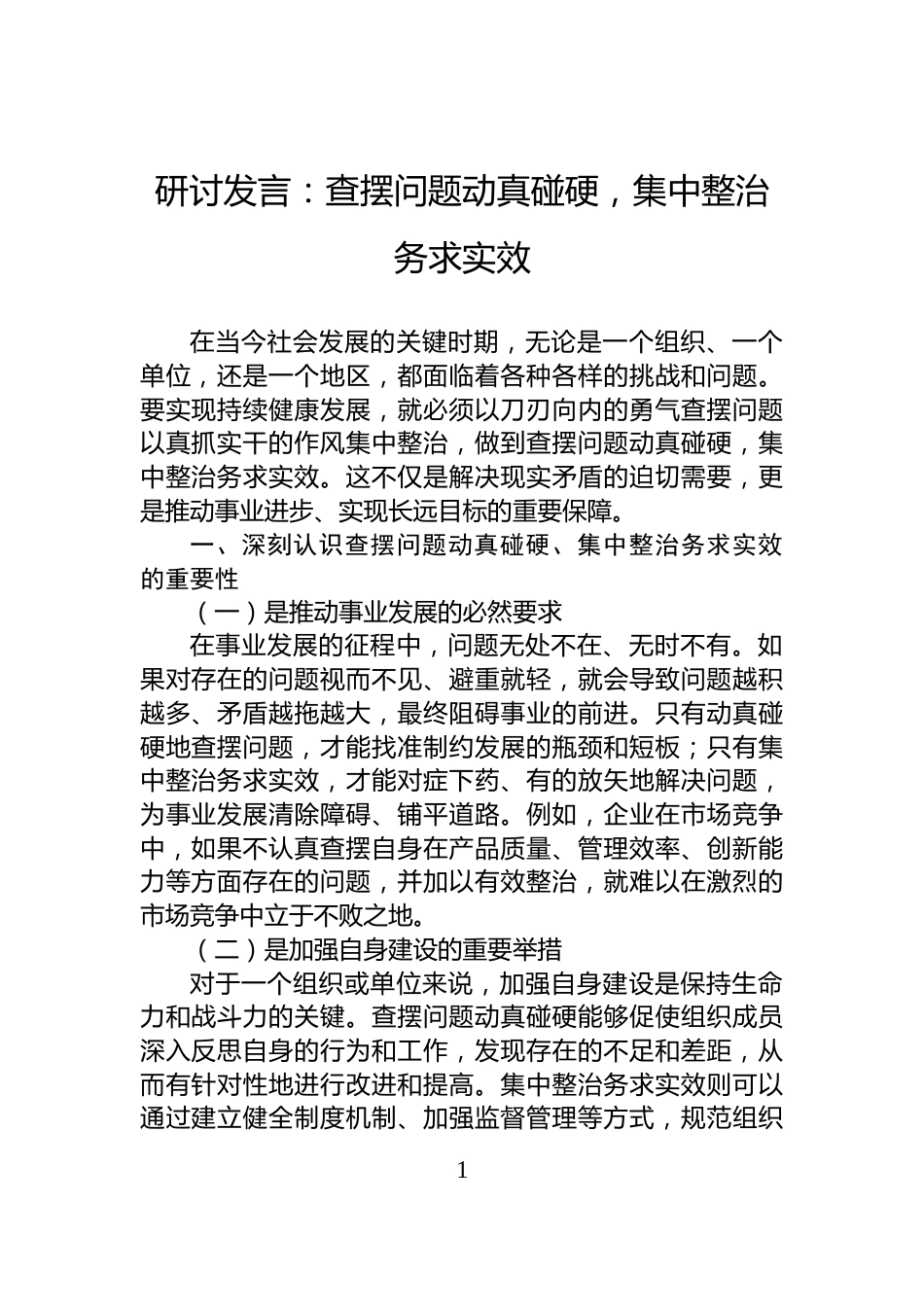 研讨发言：查摆问题动真碰硬，集中整治务求实效_第1页