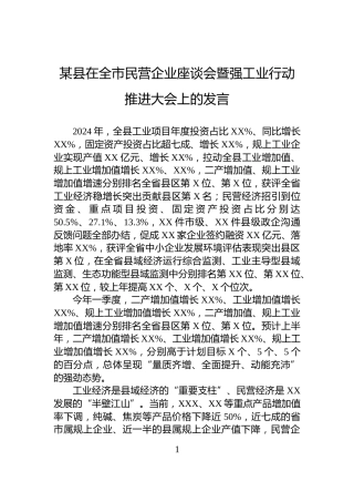 某县在全市民营企业座谈会暨强工业行动推进大会上的发言