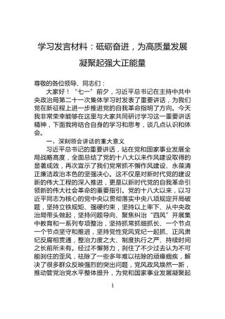 学习发言材料：砥砺奋进，为高质量发展凝聚起强大正能量