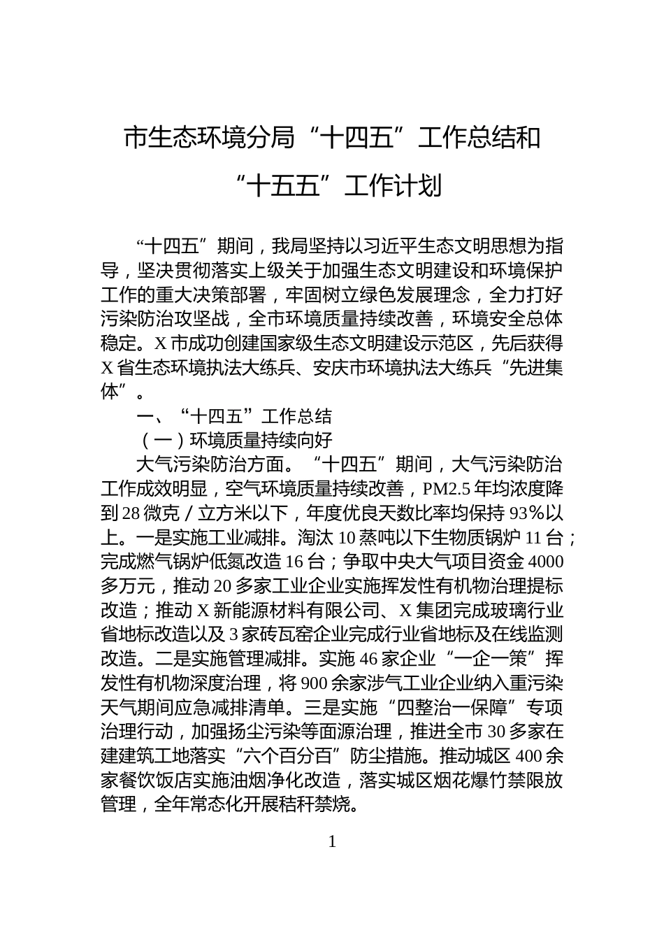 市生态环境分局“十四五”工作总结和“十五五”工作计划_第1页