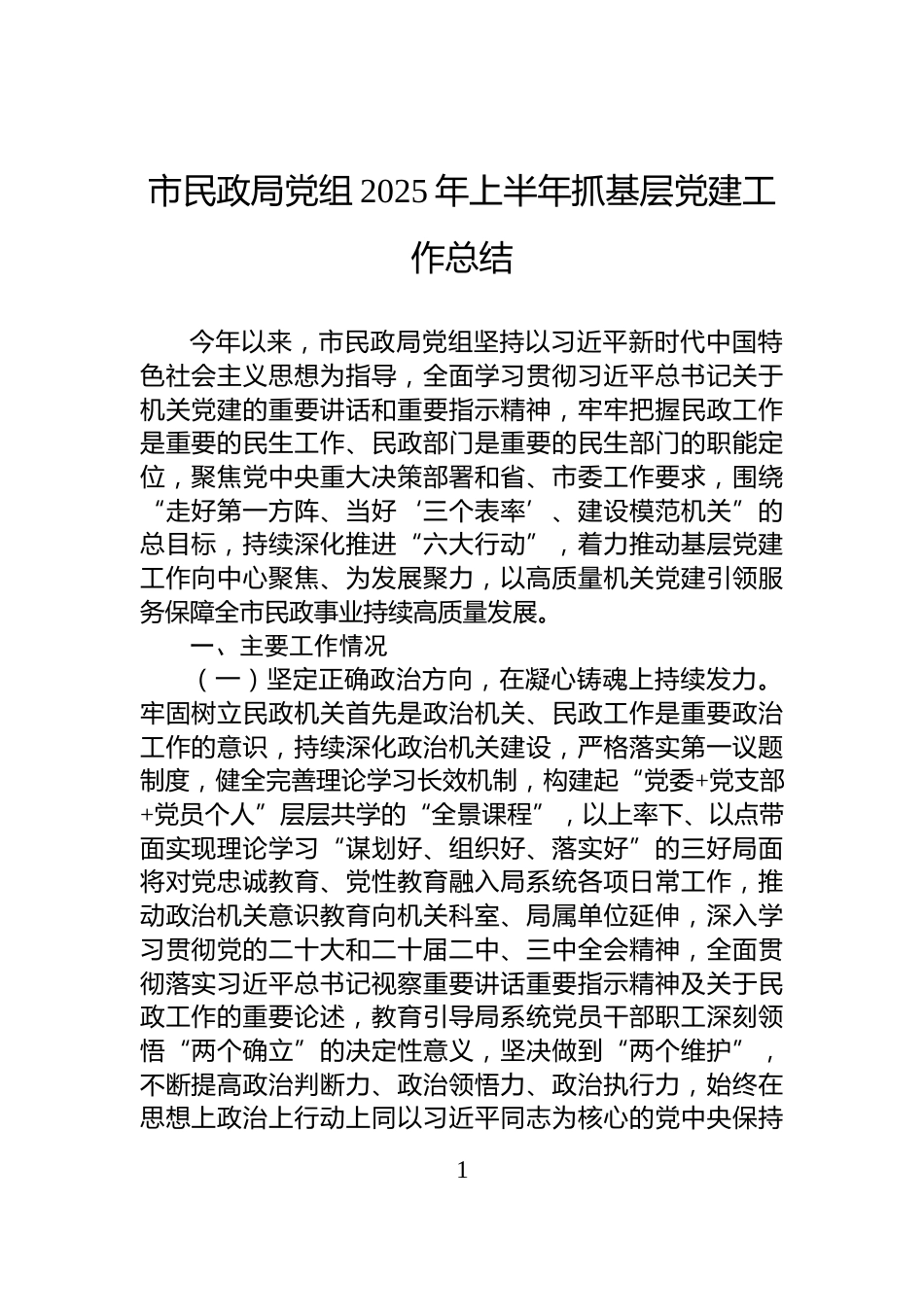 市民政局党组2025年上半年抓基层党建工作总结_第1页