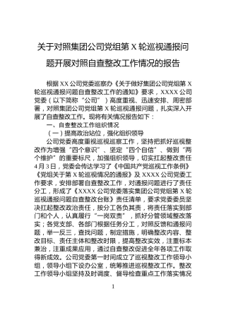 关于对照集团公司党组第X轮巡视通报问题开展对照自查整改工作情况的报告