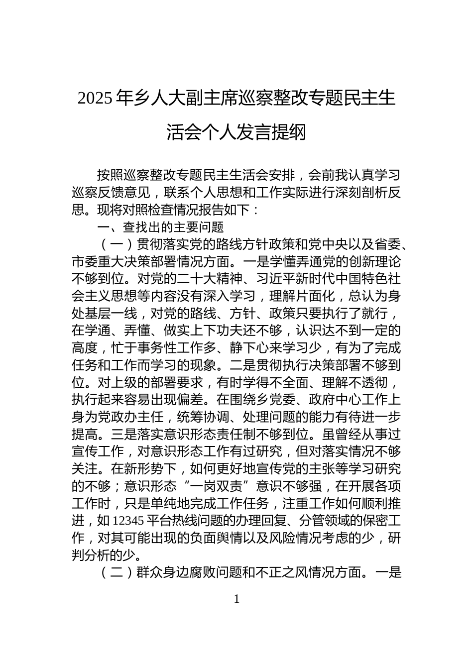 2025年乡人大副主席巡察整改专题民主生活会个人发言提纲_第1页