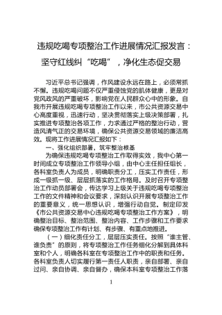 违规吃喝专项整治工作进展情况汇报发言：坚守红线纠“吃喝”，净化生态促交易