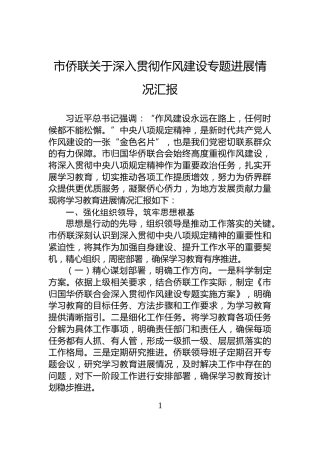 市侨联关于深入贯彻作风建设专题进展情况汇报