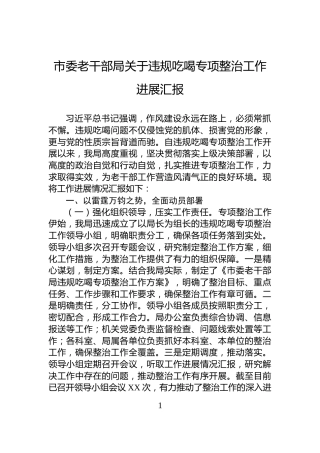 市委老干部局关于违规吃喝专项整治工作进展汇报