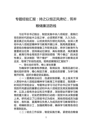 专题经验汇报：持之以恒正风肃纪，筑牢粮储廉洁防线