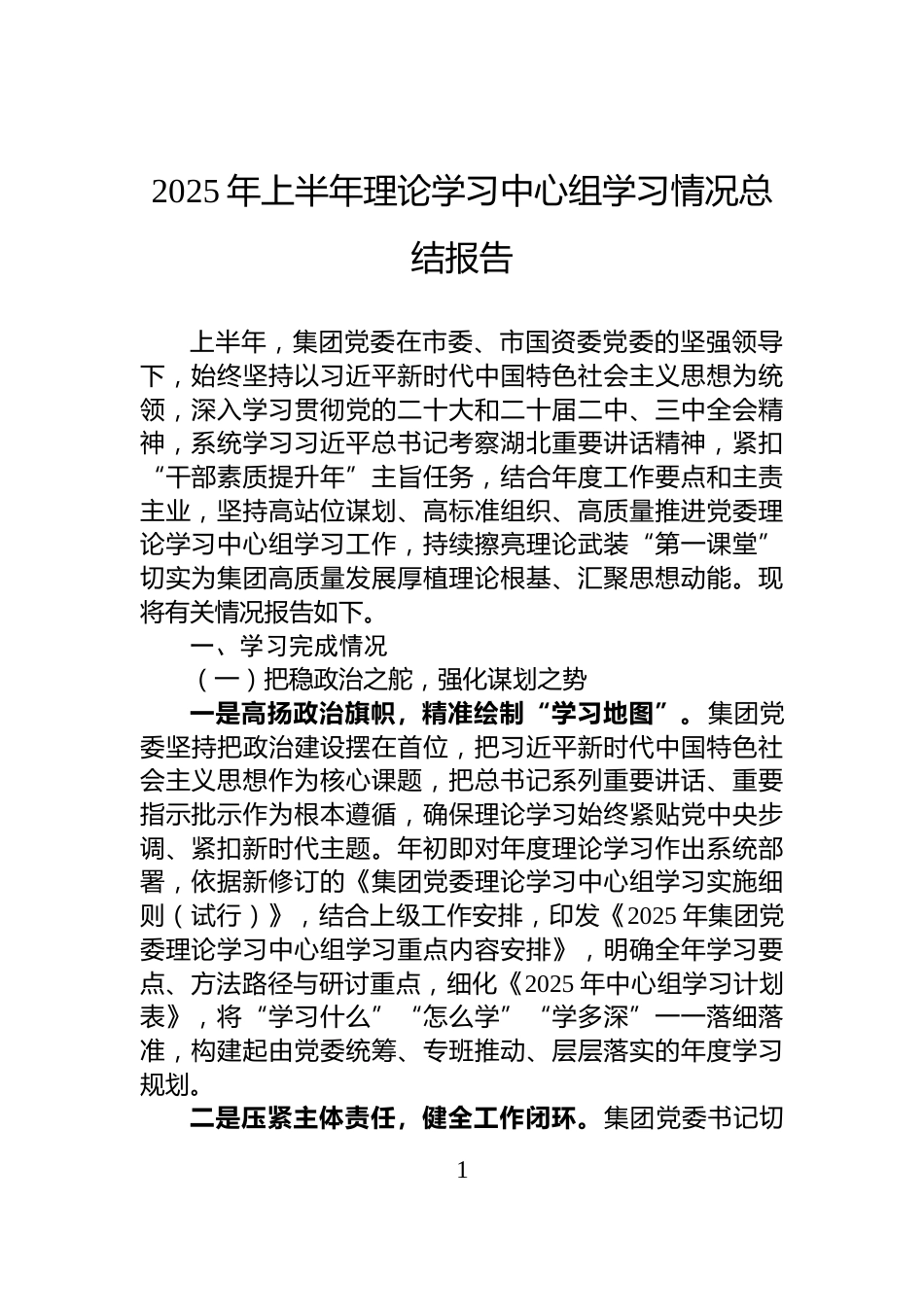 2025年上半年理论学习中心组学习情况总结报告_第1页