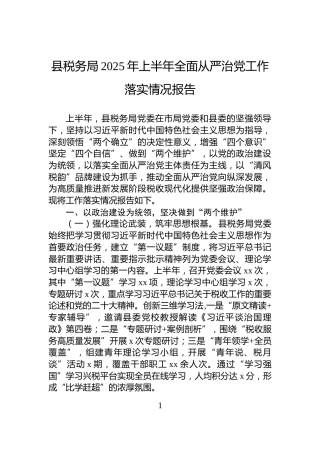 县税务局2025年上半年全面从严治党工作落实情况报告