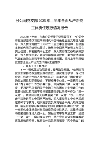 分公司党支部2025年上半年全面从严治党主体责任履行情况报告