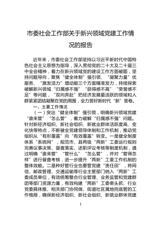 市委社会工作部关于新兴领域党建工作情况的报告