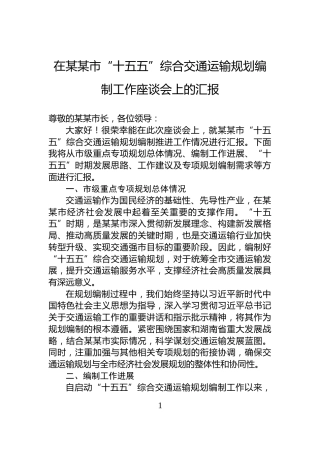 在某某市“十五五”综合交通运输规划编制工作座谈会上的汇报
