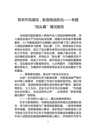 筑牢作风堤坝，彰显统战担当——专题“回头看”情况报告