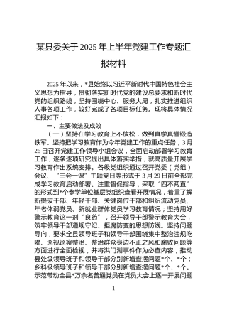某县委关于2025年上半年党建工作专题汇报材料
