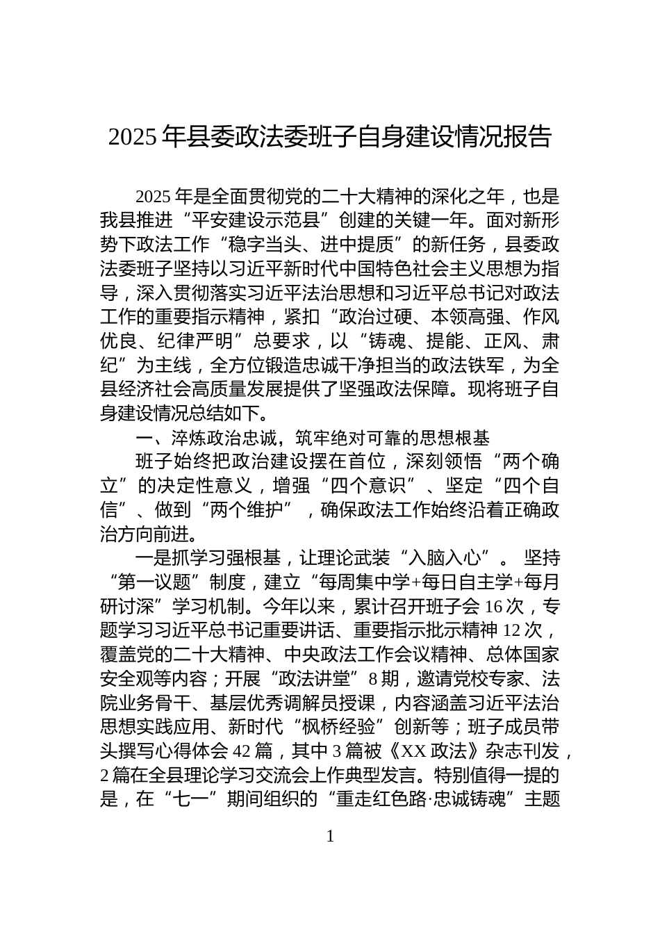 2025年县委政法委班子自身建设情况报告_第1页