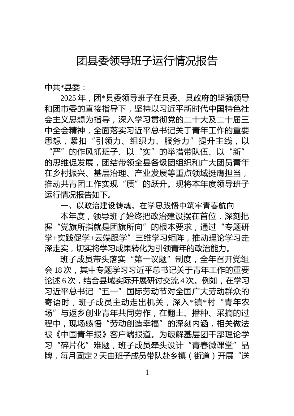 团县委领导班子运行情况报告_第1页