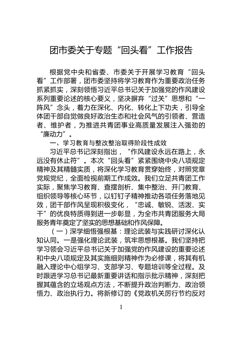 团市委关于专题“回头看”工作报告_第1页