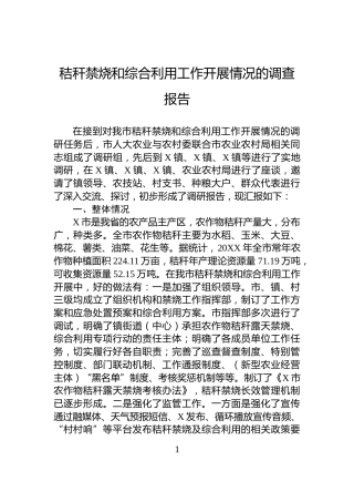 秸秆禁烧和综合利用工作开展情况的调查报告