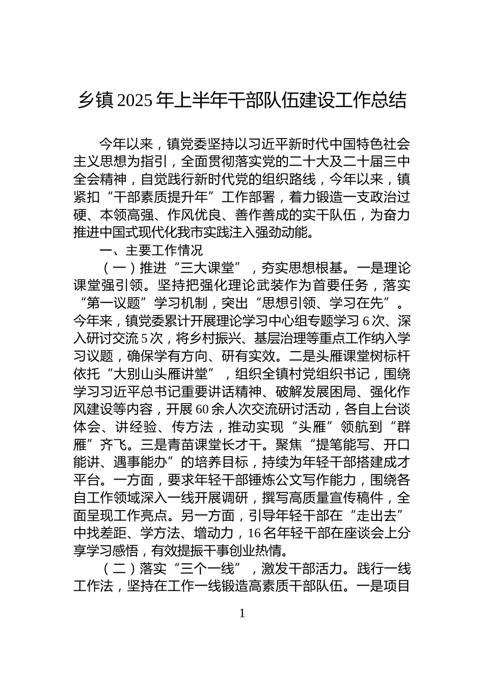 乡镇2025年上半年干部队伍建设工作总结_第1页