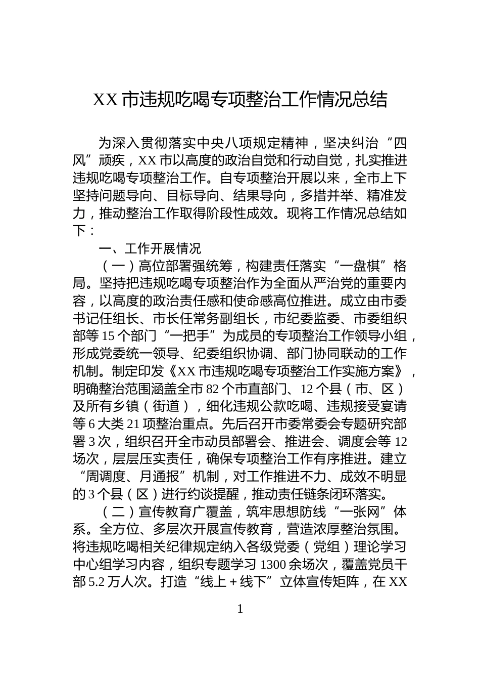 XX市违规吃喝专项整治工作情况总结_第1页