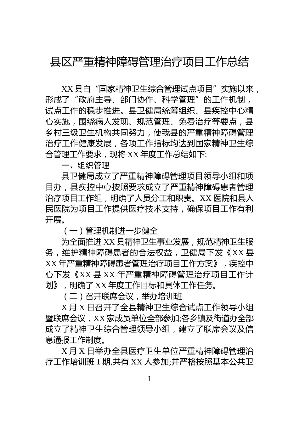 县区严重精神障碍管理治疗项目工作总结_第1页