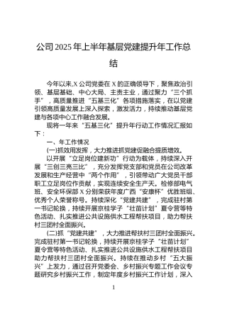 公司2025年上半年基层党建提升年工作总结