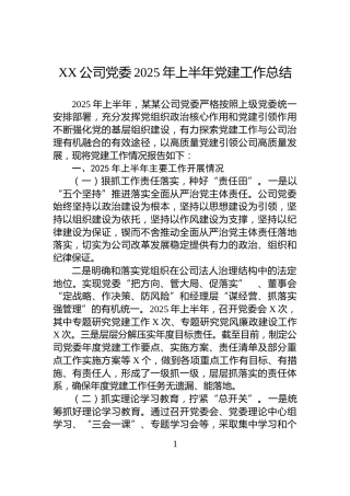 XX公司党委2025年上半年党建工作总结