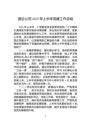 国企公司2025年上半年党建工作总结