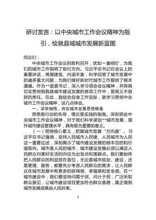 研讨发言：以中央城市工作会议精神为指引，绘就县域城市发展新蓝图