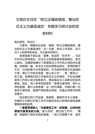 文明办主任在“树立正确政绩观、整治形式主义为基层减负”专题学习研讨会的发言材料