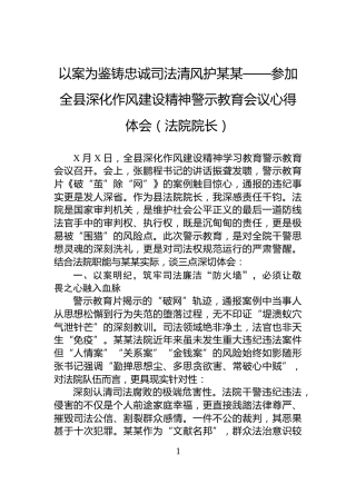 以案为鉴铸忠诚司法清风护某某——参加全县深化作风建设精神警示教育会议心得体会（法院院长）