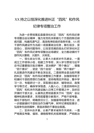 XX持之以恒深化推进纠正“四风”和作风纪律专项整治工作