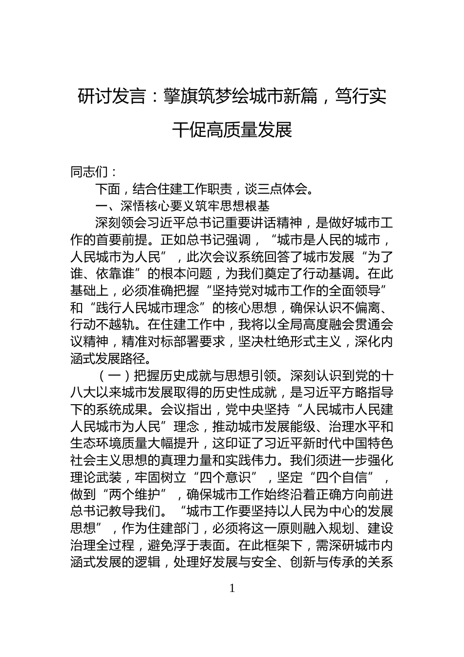 研讨发言：擎旗筑梦绘城市新篇，笃行实干促高质量发展_第1页