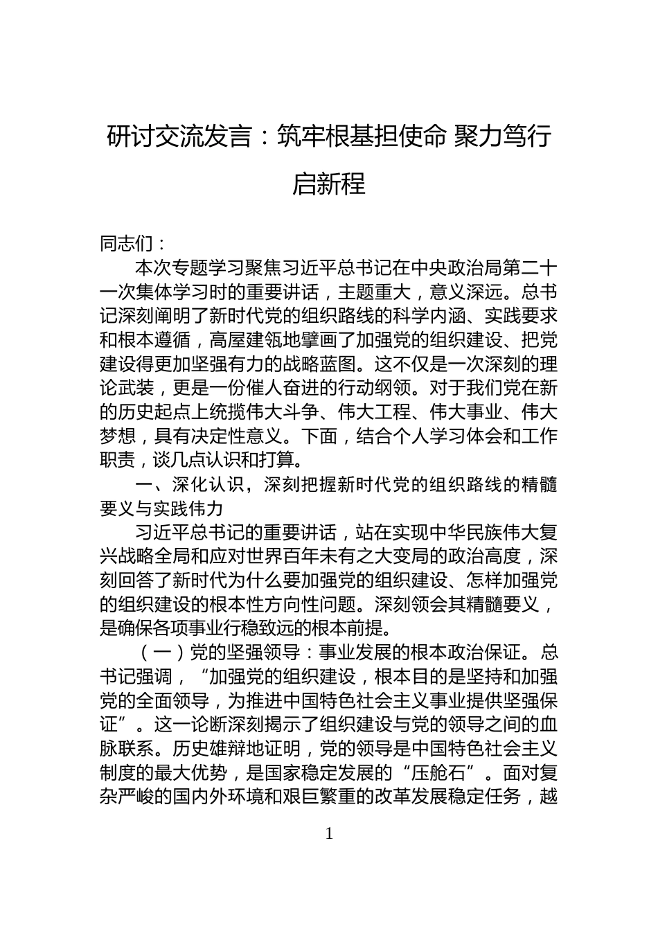 研讨交流发言：筑牢根基担使命+聚力笃行启新程_第1页