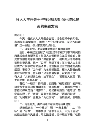 县人大主任关于严守纪律规矩深化作风建设的主题发言