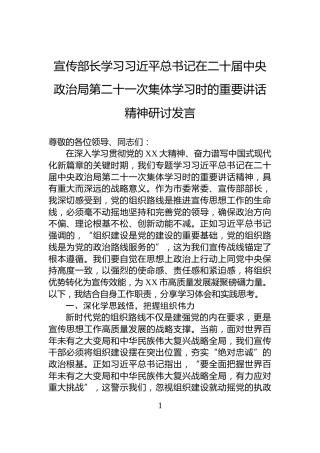 宣传部长学习习近平总书记在二十届中央政治局第二十一次集体学习时的重要讲话精神研讨发言