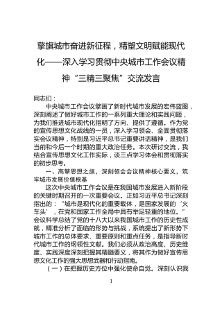 擎旗城市奋进新征程，精塑文明赋能现代化——深入学习贯彻中央城市工作会议精神“三精三聚焦”交流发言