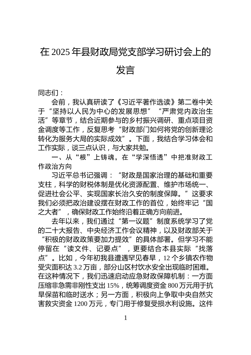 在2025年县财政局党支部学习研讨会上的发言_第1页