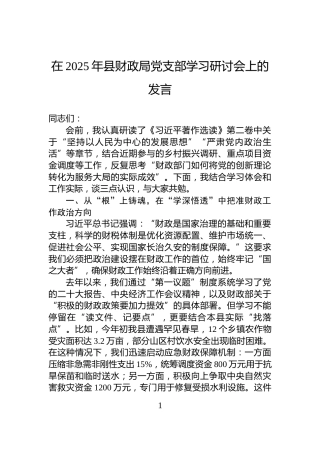 在2025年县财政局党支部学习研讨会上的发言