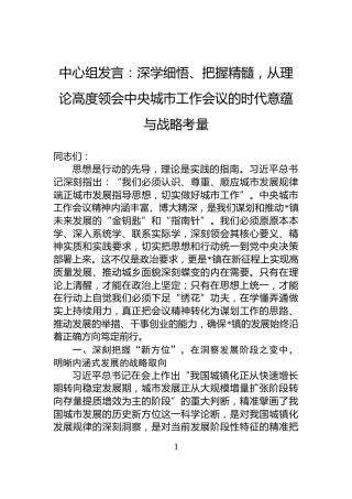 中心组发言：深学细悟、把握精髓，从理论高度领会中央城市工作会议的时代意蕴与战略考量