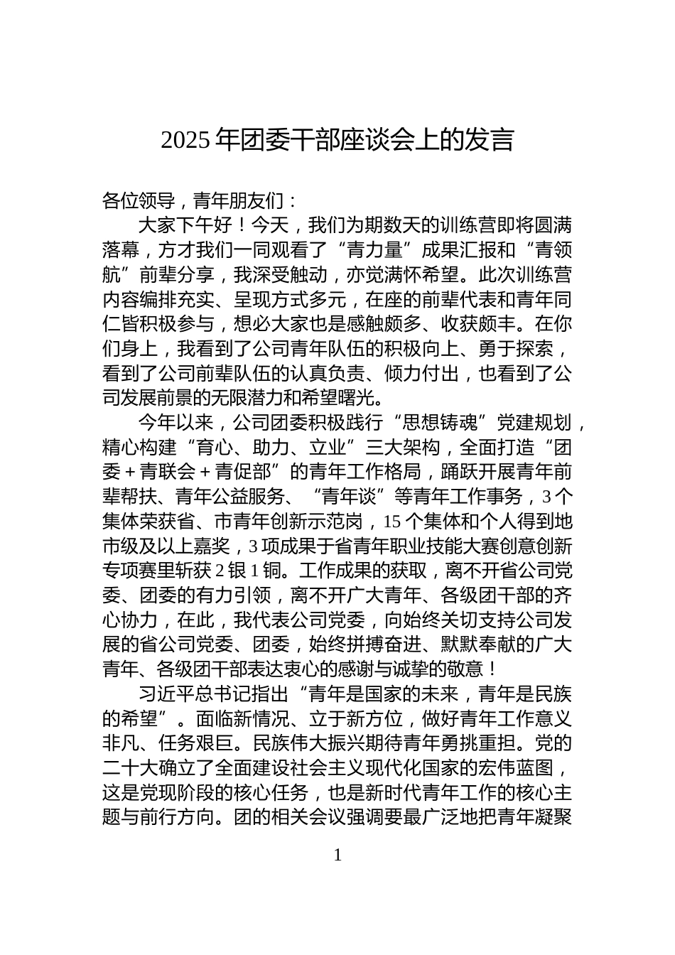 2025年团委干部座谈会上的发言_第1页