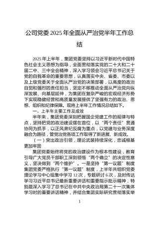 公司党委2025年全面从严治党半年工作总结