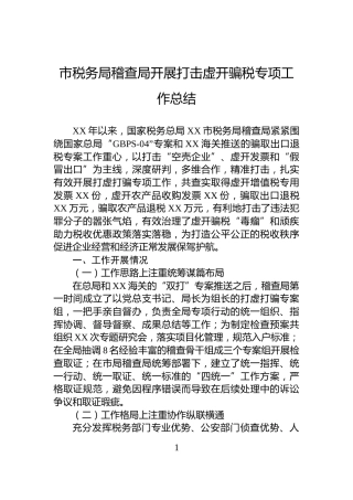 市税务局稽查局开展打击虚开骗税专项工作总结