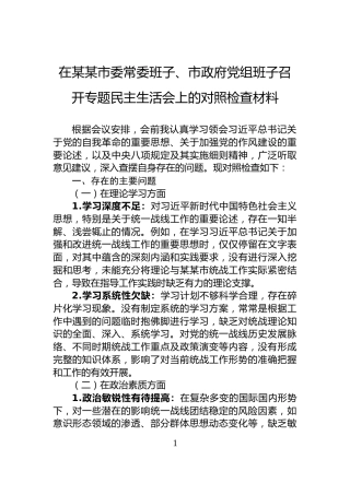 在某某市委常委班子、市政府党组班子召开专题民主生活会上的对照检查材料