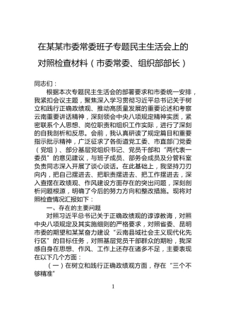 在某某市委常委班子专题民主生活会上的对照检查材料（市委常委、组织部部长）